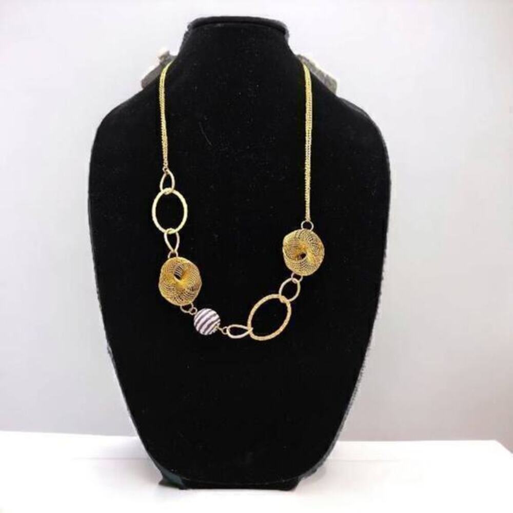 Vintage Gold Toned Purple Beaded Accent Long Statement Necklace
